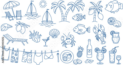 summer, doodle, grunge, chalk, drawing, vector, illustration, rough, sea, beach, coastal, mediterranean, seacoast, vintage, italian, greece, wine, seafood, palm tree, lobster, lemon, wave, vignetting,