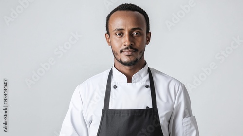 Portrait of young Ethiopian chef in white uniform and black apron on neutral background