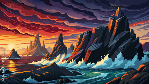 Jagged black volcanic cliffs rise dramatically above crashing ocean waves at dusk