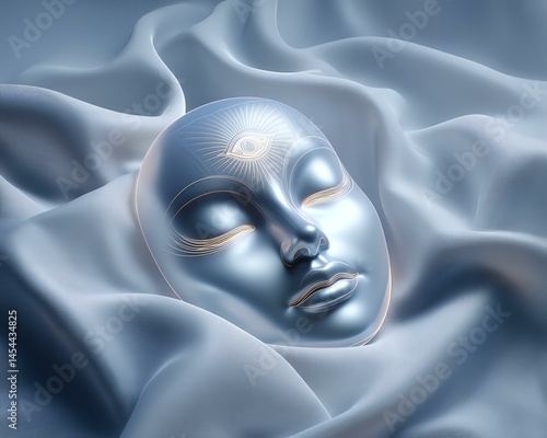 Third Eye Chakra (Ajna).  A floating mask made of moonlight glass displays closed eyes with a soft-glowing third eye symbol on its surface—symbolizing subtle awareness and hidden inner clarity.