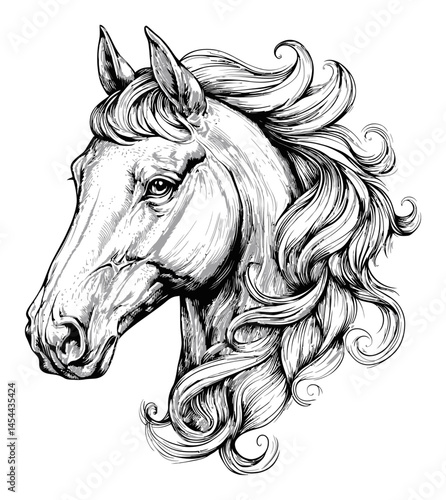 Detailed Illustration of a Horse's Head with Flowing Mane Design