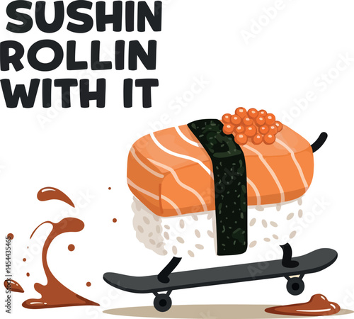 Sushi Roll Skateboarding Vector Illustration for T-shirt Print and Fun Graphic Projects 