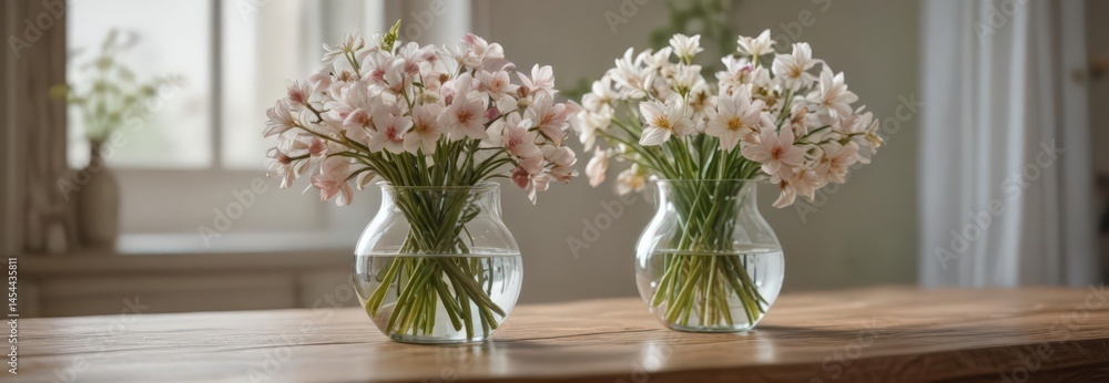 Spring blooms in glass vase, soft light from bulb on wooden table , warm, light, beautiful Spring blooms in glass vase, soft light from bulb on wooden table , warm, light, beautiful
