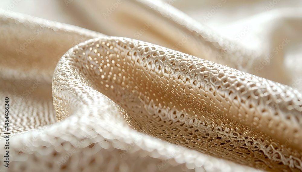 Fototapeta premium Close-up of elegant, beige fabric with intricate texture. Luxurious textile background.