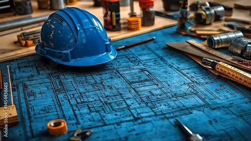Blueprint spread with construction tools and a hard hat.  Detailed architectural plans are visible, surrounded by various work tools, such as a measuring tape, wrenches, and piping components