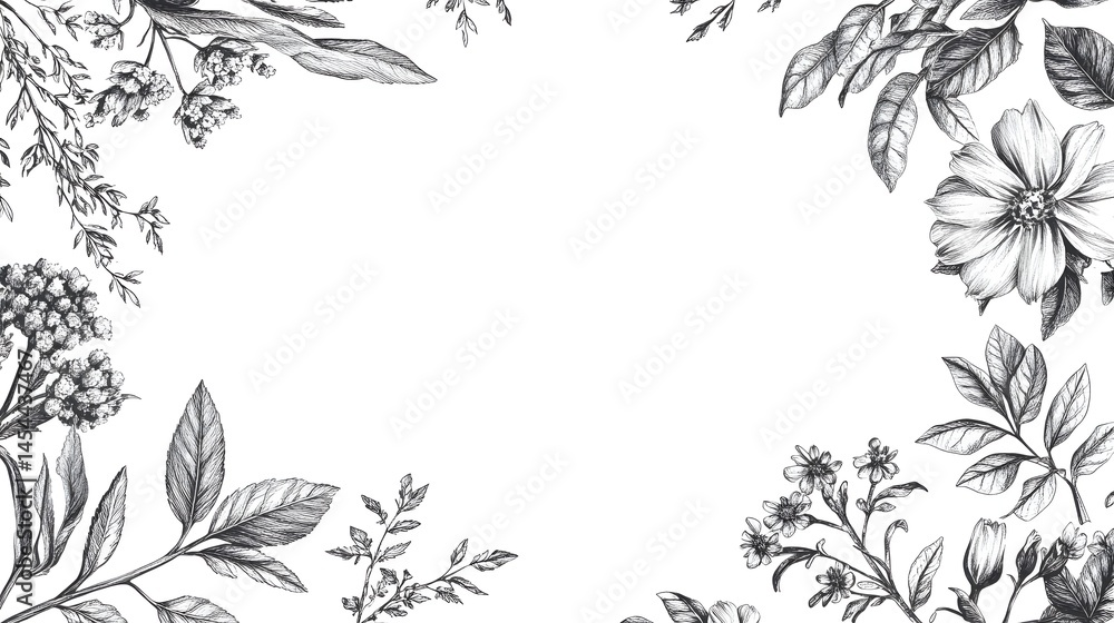 Elegant monochrome botanical illustration frame design. Elegant monochrome botanical illustration frame design.