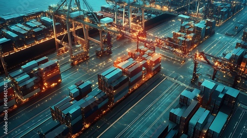Nighttime view of a busy port complex with cargo containers.