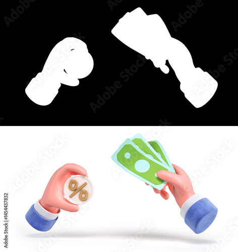 Hand Exchanging Money for Discount Symbol 3d render on white with alpha