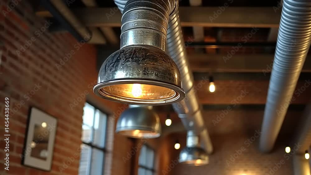 Industrial-style lighting fixtures hang from exposed ductwork in a brick-walled space. Warm-toned incandescent bulbs illuminate the interior Industrial-style lighting fixtures hang from exposed ductwork in a brick-walled space. Warm-toned incandescent bulbs illuminate the interior