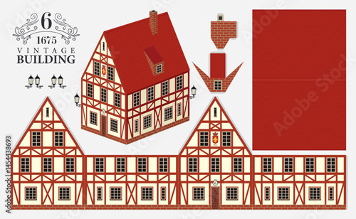 Old building model in classic European German or Bavarian style with tiled roof. Vector paper cutout mockup sets. Cute old vintage Christmas toy house. No AI used