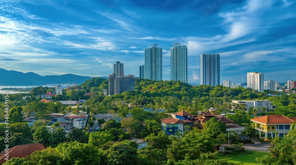 Obraz premium Cityscape with lush greenery and modern towers