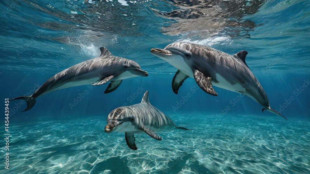 Naklejka premium Three bottlenose dolphins swim gracefully together underwater