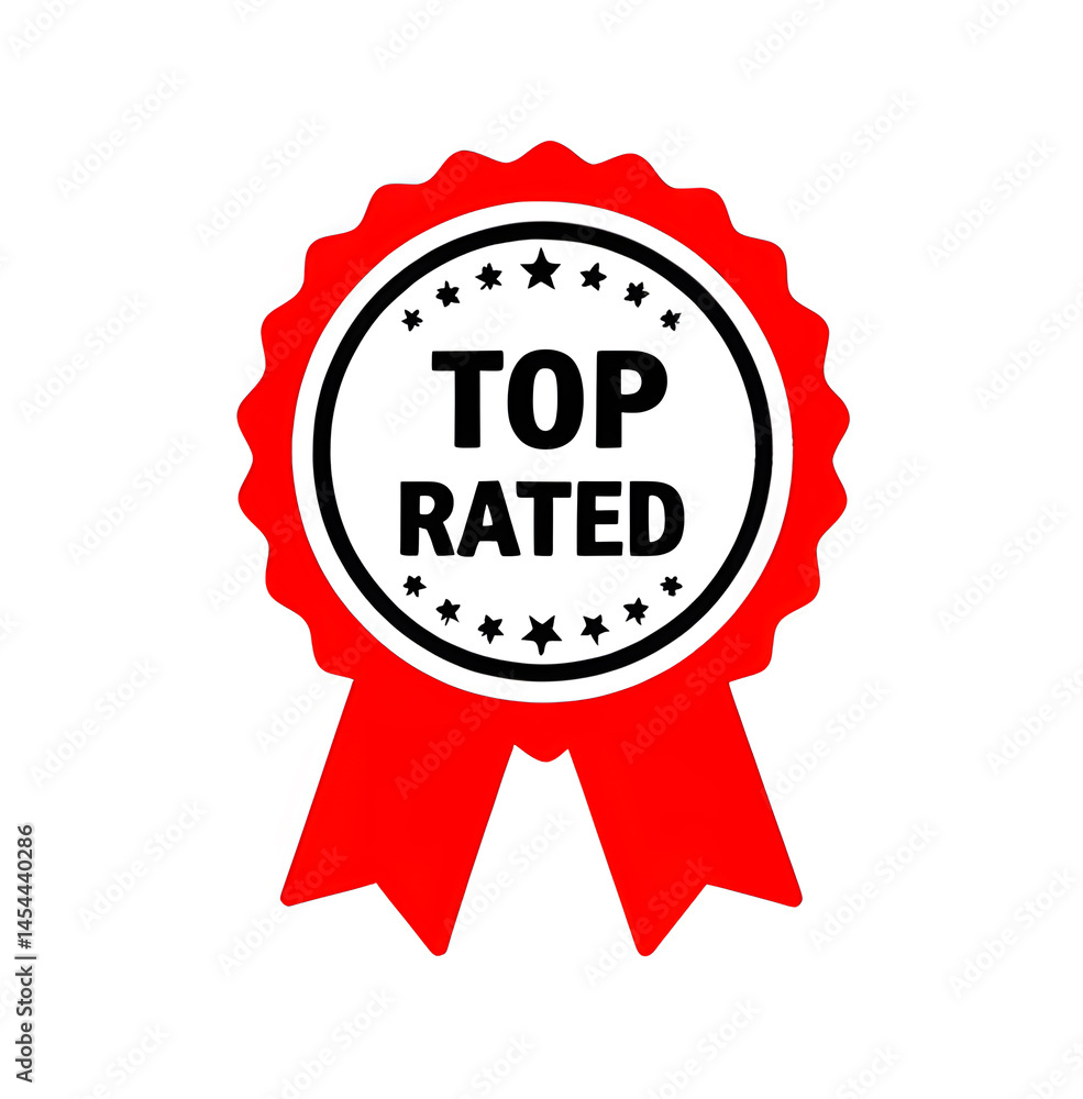 top rated medal, award, prize, label, icon, ribbon with stars, black and red, isolated white background top rated medal, award, prize, label, icon, ribbon with stars, black and red, isolated white background