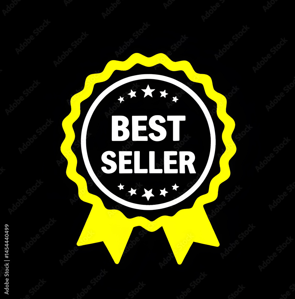 Fototapeta premium neon yellow and white best seller medal, selling award, prize label, icon, ribbon, isolated black background