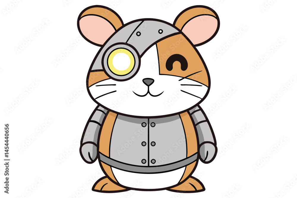 Smiling steampunk hamster cartoon stands happily with its mechanical gear and rivet details on white Smiling steampunk hamster cartoon stands happily with its mechanical gear and rivet details on white