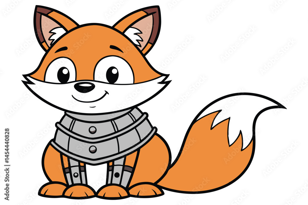 Fototapeta premium Cartoon fox character smiling while wearing metal armor plating and sitting down against white