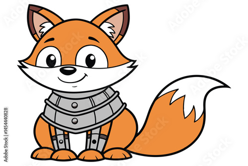 Cartoon fox character smiling while wearing metal armor plating and sitting down against white