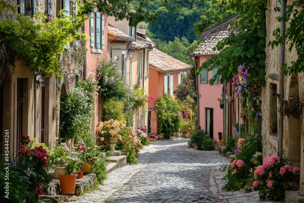 Cobblestone street with floral facades and lush greenery Cobblestone street with floral facades and lush greenery