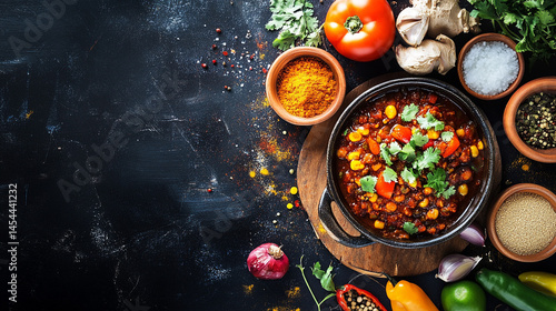 Spicy Chili Con Carne Recipe   Delicious Homemade Meal   Food Photography  Top View