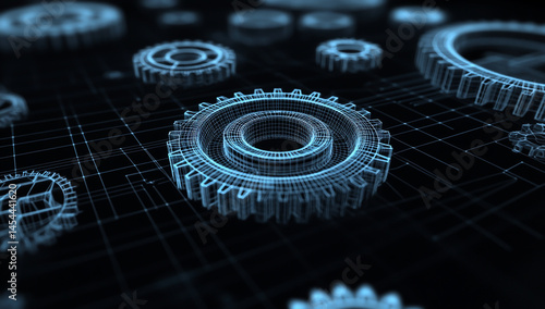3D wireframe of mechanical gears on a black background, design software interface overlay with tools for drawing and sprite sheet creation