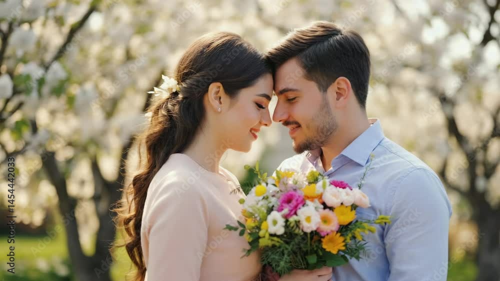 A gentle pair enjoys fragrant petals as they exchange smiles amid white magnolia blooms. concept of delicate connection and nature‑inspired affection. A gentle pair enjoys fragrant petals as they exchange smiles amid white magnolia blooms. concept of delicate connection and nature‑inspired affection.