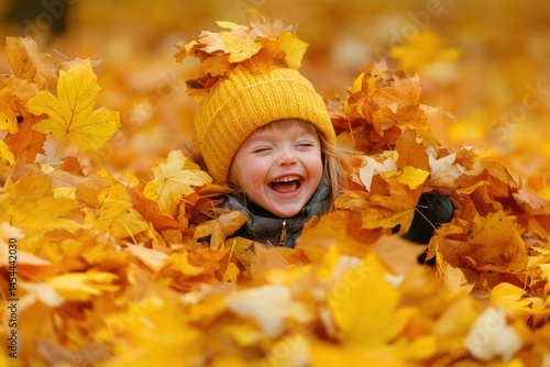 Happy toddler in autumn park surrounded by yellow leaves