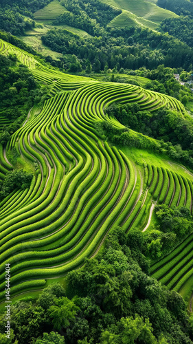 Lush green terraced fields create stunning landscape view