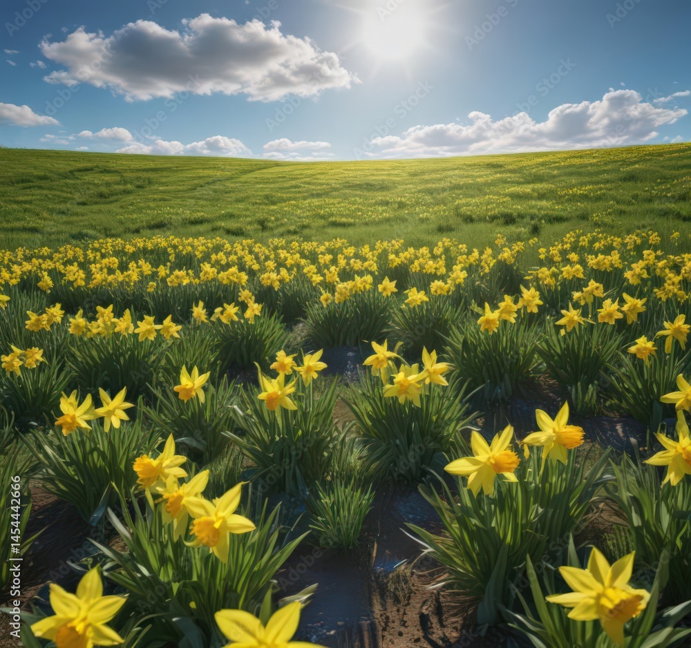 Obraz premium Sunlit yellow daffodils carpet a verdant field beneath a brilliant blue sky , petals, sunny