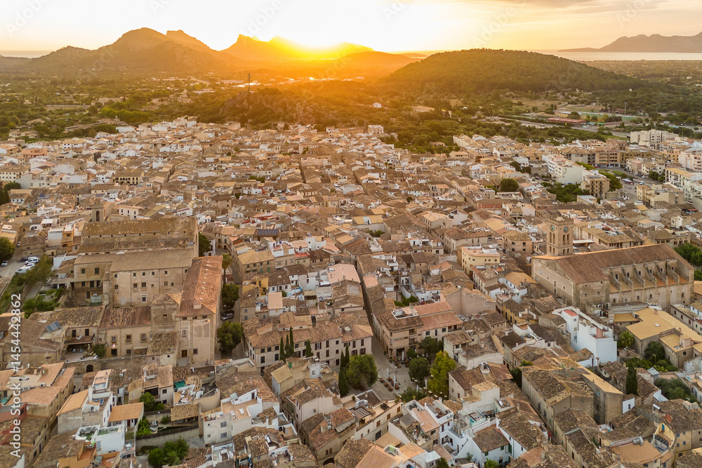 Aerial view of the picturesque town of Pollensa in Mallorca, Spain.