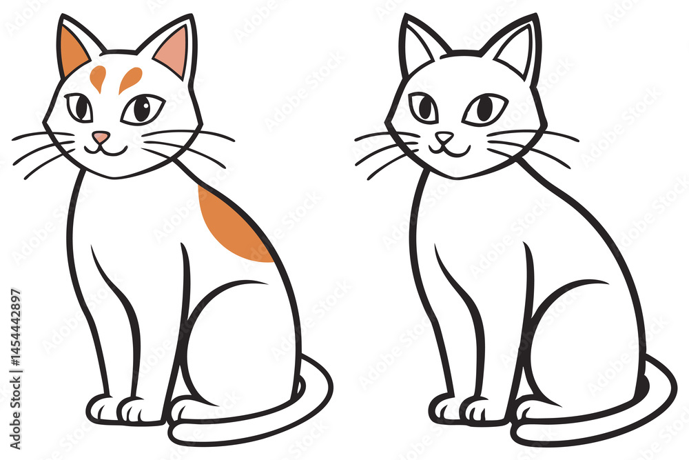 Fototapeta premium Two adorable cartoon cats sit side by side, with one in color and one outlined