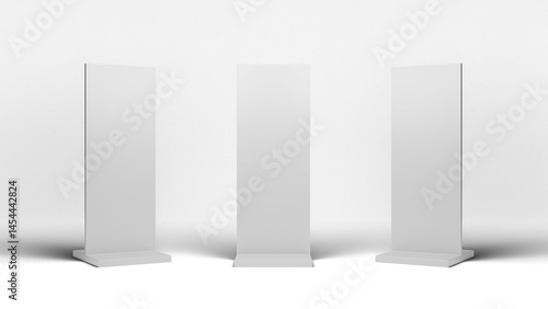 Set of advertising totem mockup on a isolated background. Roll up template with different angles. Empty information board. Info booth. Blank outdoor advertising stand mockup for product presentation. photo