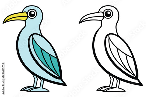 Cartoon bird with yellow beak and teal body stands next to outline version on white
