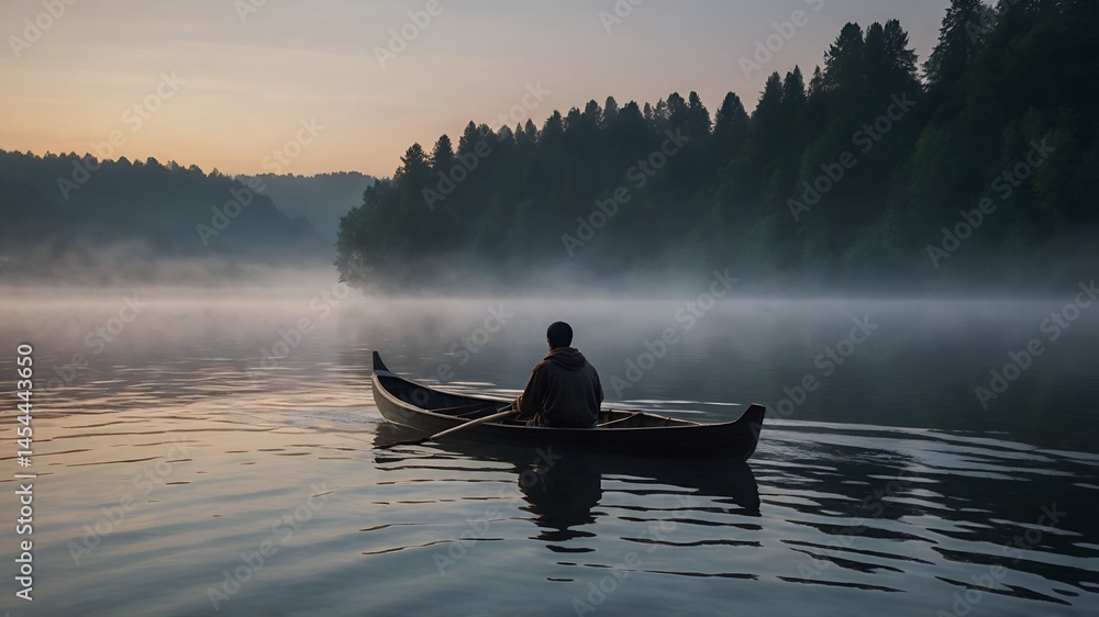 A man rowing a small boat across a misty lake under a twilight sky, boating in the river A man rowing a small boat across a misty lake under a twilight sky, boating in the river