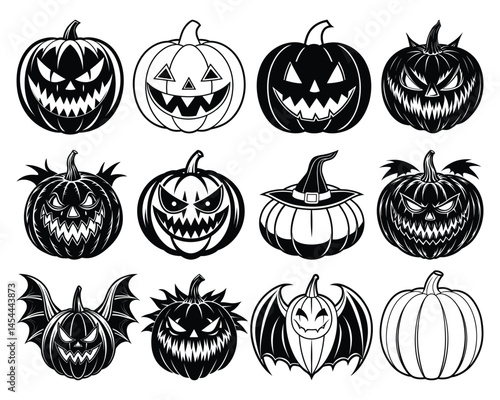 Scary Halloween Pumpkin Vector Set – Black and White Jack-o’-Lantern Faces and Spooky Carved Designs