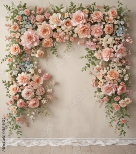 Pastel vintage floral artificial flower wall backdrop with lace details, artificial flowers, bridal shower, background