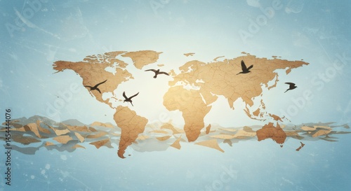 Global travel destinations with flying birds and world map background for travel and tourism concepts