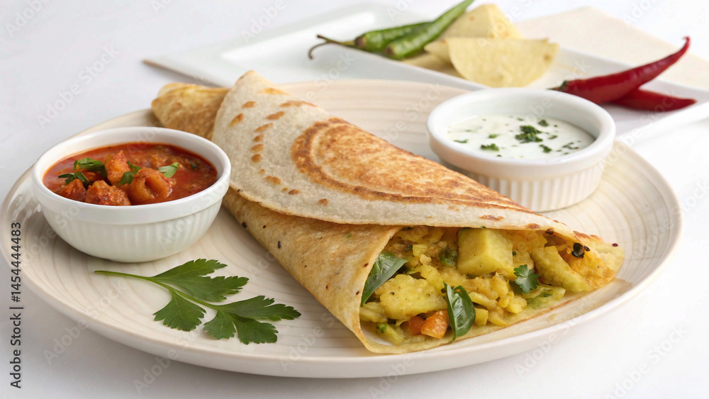 Masala dosa with coconut chutney and sambar, neatly plated on a white background. Masala dosa with coconut chutney and sambar, neatly plated on a white background.