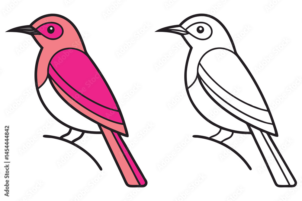 Pink bird art with one monochrome outline version available on transparent background Pink bird art with one monochrome outline version available on transparent background