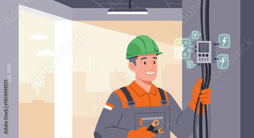 Electrician smiling while wiring control panel in modern building  