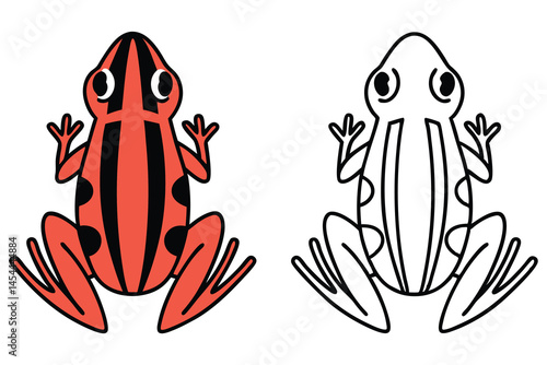 A vibrant red frog and black outline illustration is displayed against a transparent backdrop