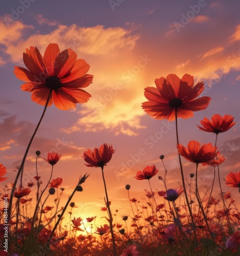 Sunset hues paint cosmos petals, silhouetted against fiery sky ,  scenic,  sunset,  astronomy
