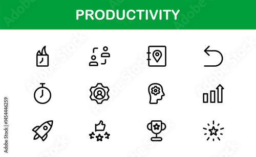 Productivity Essentials Icon Set. Premium, Editable Clean, Professional, and User-Friendly Graphics for Work, Office, and Digital Planning Projects. Productivity line icons.