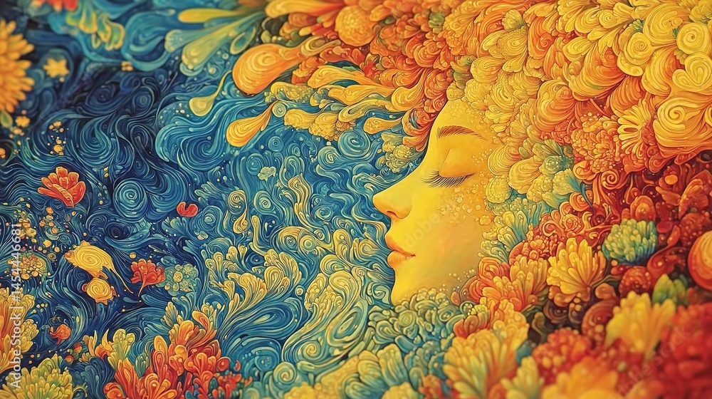Vibrant, floral, abstract portrait of a face.