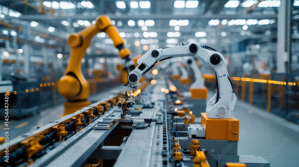 近代的な工場内の黄色と白のロボットアームの作業プロセス 産業の自動化と技術革新 近代的な工場内の黄色と白のロボットアームの作業プロセス 産業の自動化と技術革新