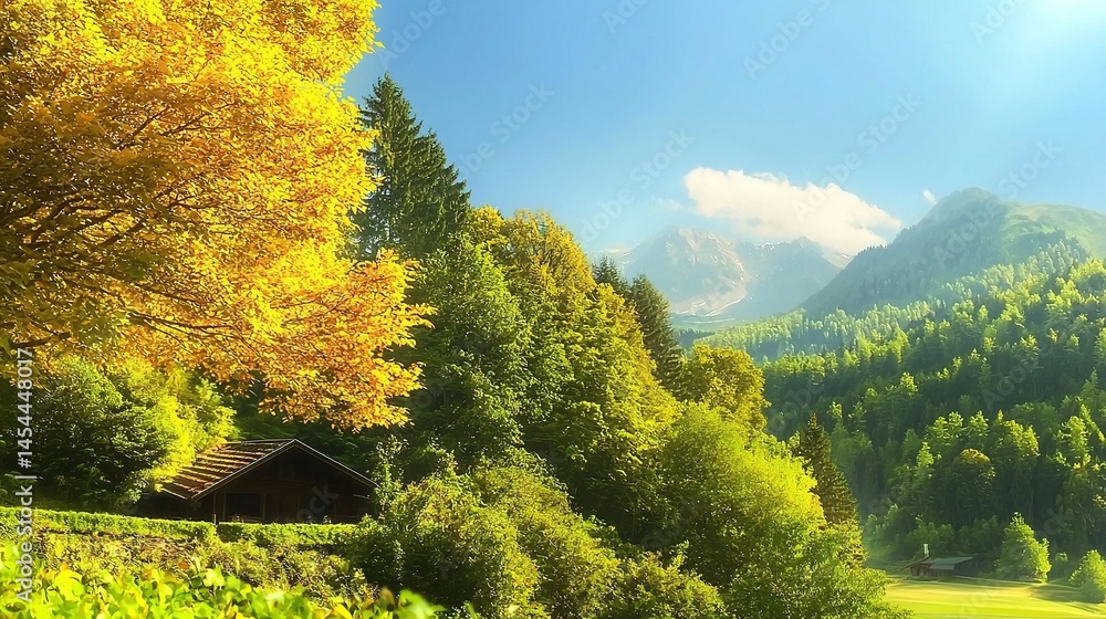 A picturesque autumnal landscape with a rustic cabin.