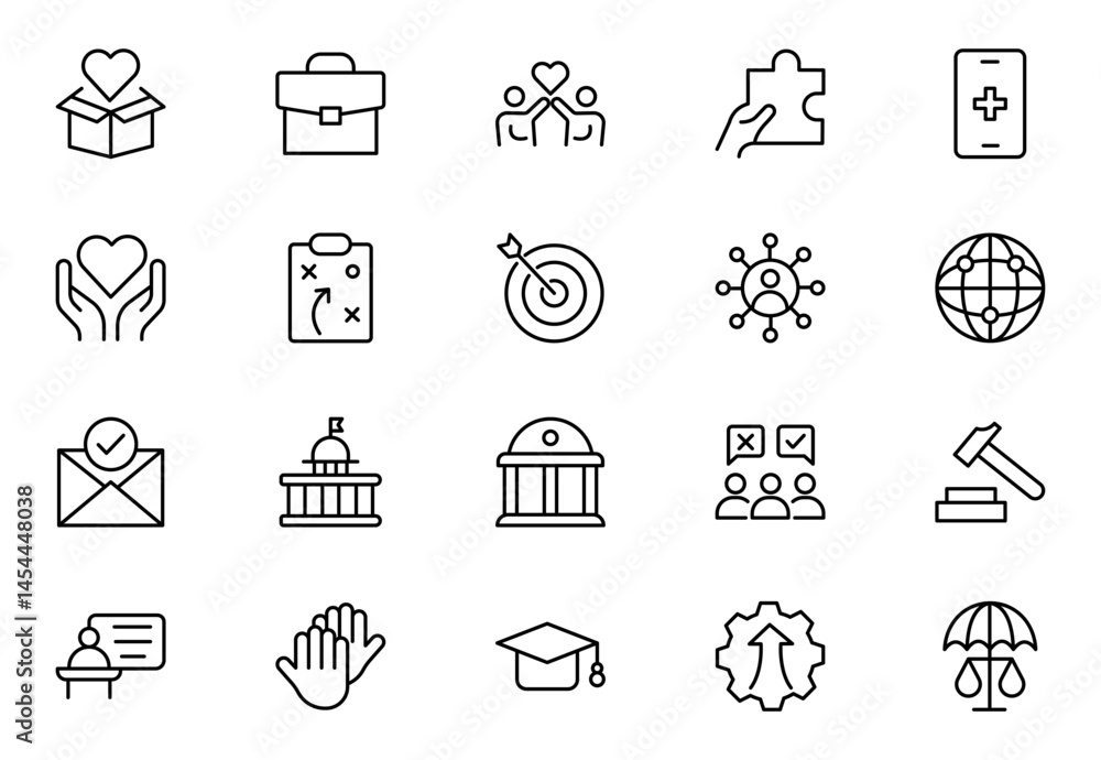 Naklejka premium Social Policy line icon set. icons related to education, reform, services, welfare, health care, legislation, society. Social Policy outline icons collection. Vector illustration.