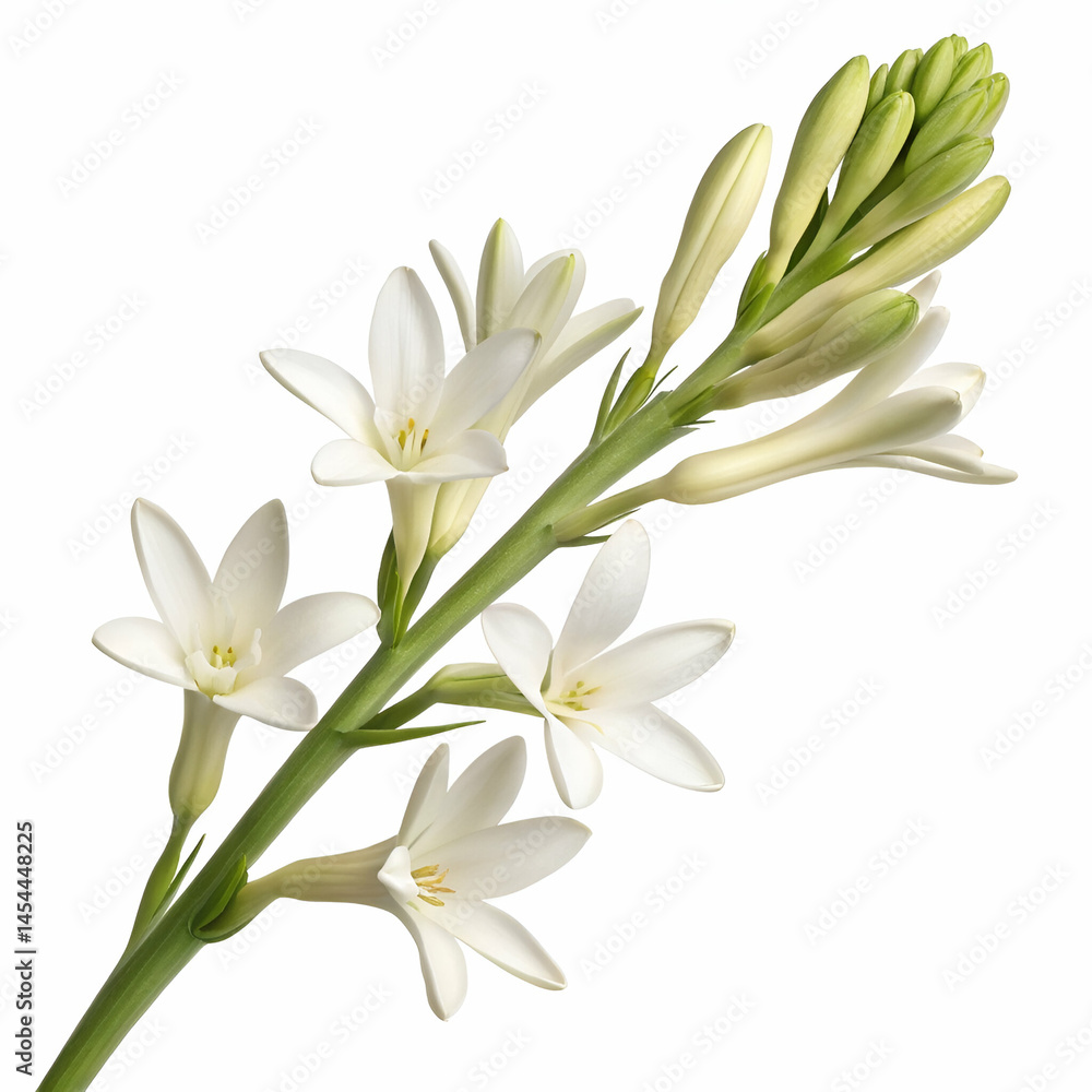 Naklejka premium Tuberose 3D rendered flower gracefully isolated on a white background with soft white petals and intricate textures 