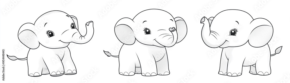 Fototapeta premium Three cute cartoon elephants standing, simple line art with no shading on a white background