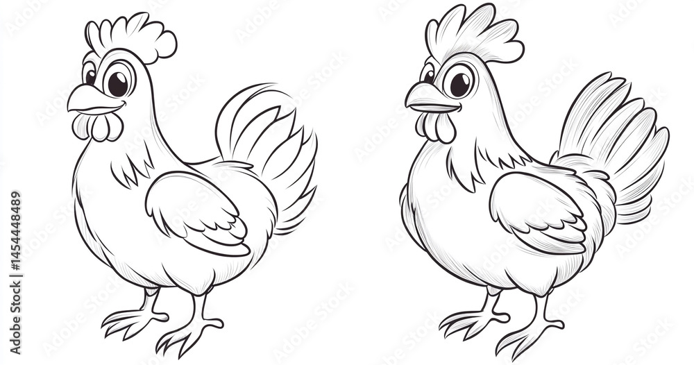 Two cartoon chickens, one standing and the other crowing. Vector illustration with black lines on a white background Two cartoon chickens, one standing and the other crowing. Vector illustration with black lines on a white background