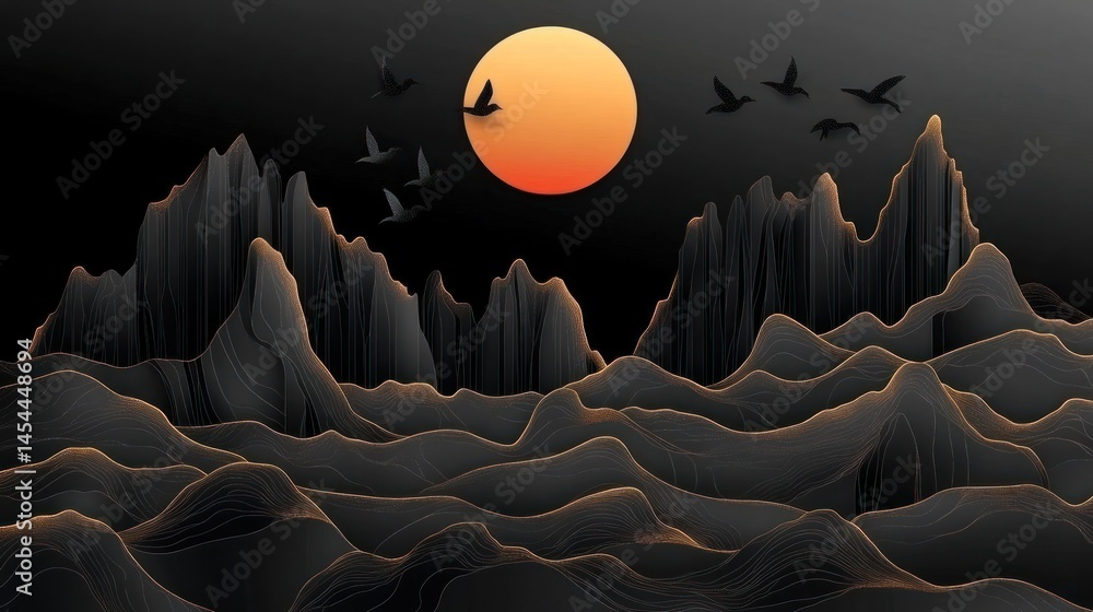 Fototapeta premium Sunset, birds, mountains, abstract art, wall decor